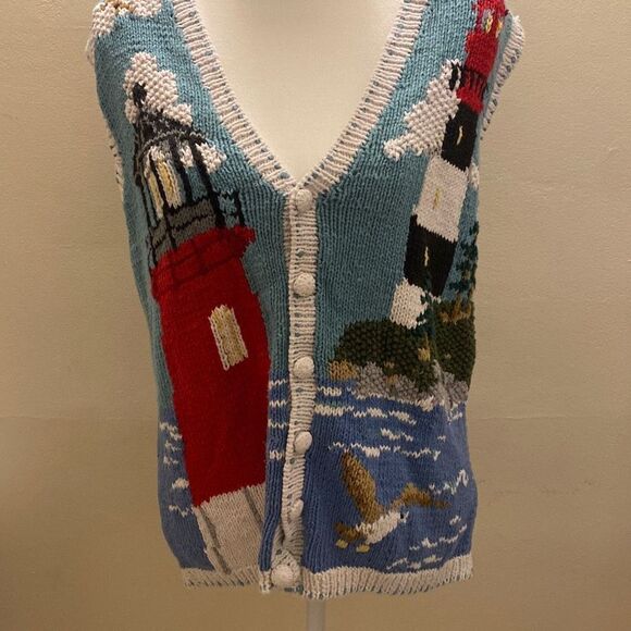 Eagle's Eye Vintage Lighthouse Coastal Themed Cardigan Sweater Vest Womens Sz L - Picture 1 of 16